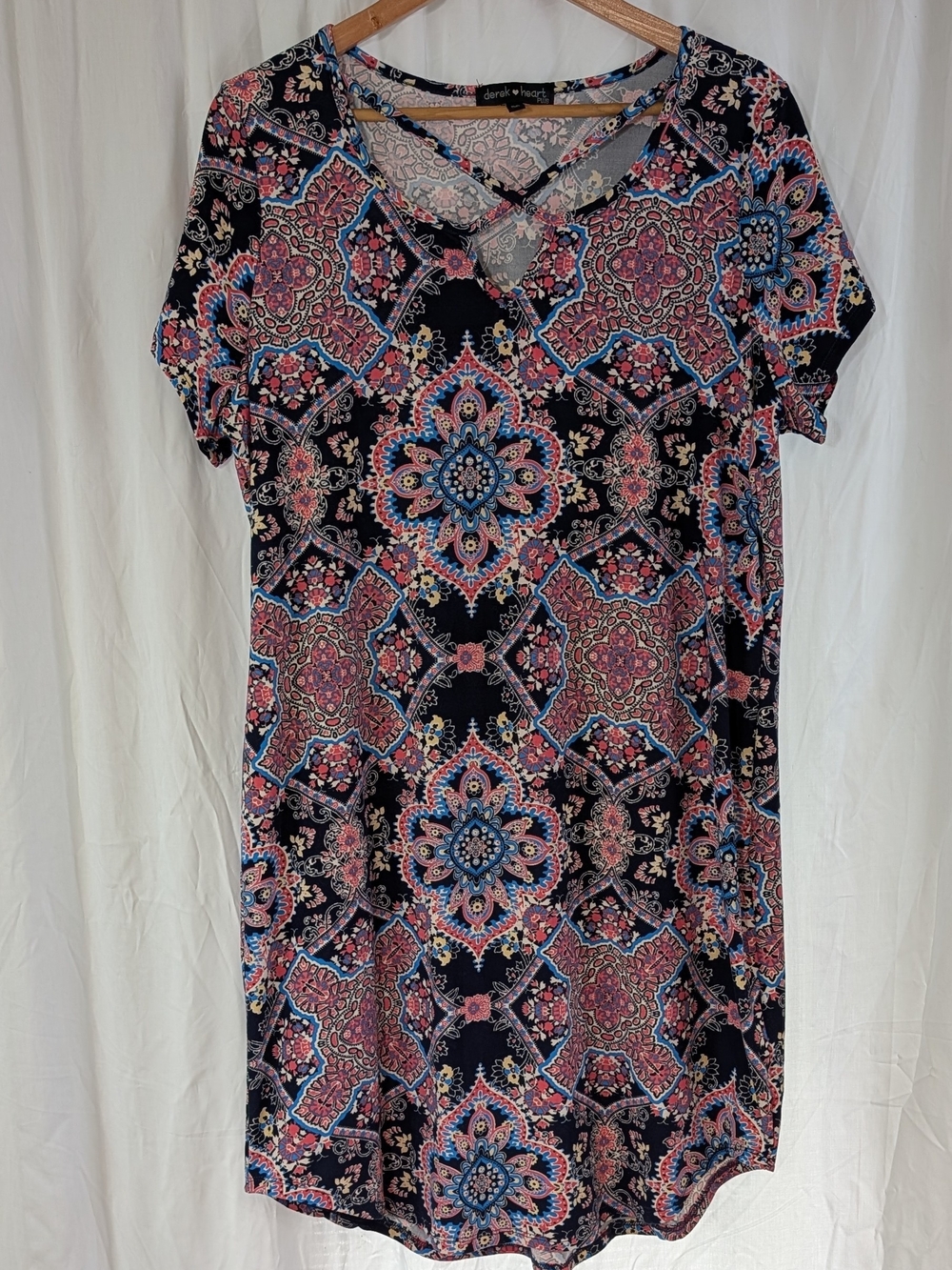 Derek Heart Plus Black w/Pink & Blue Tones Floral Tile-Print V-Neck Dress 2XL